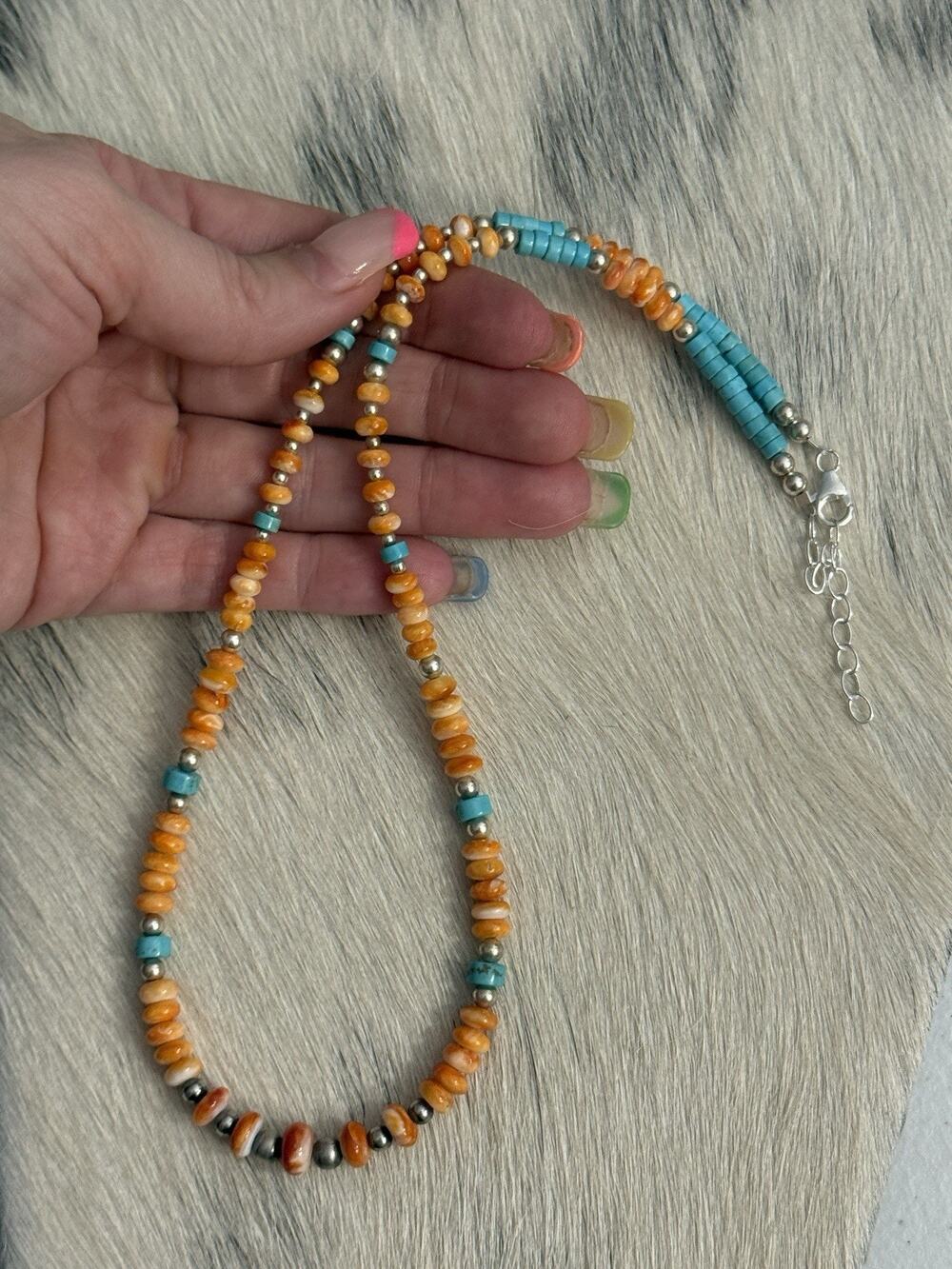 Sterling Silver Navajo Pearl Turquoise Heishi Orange Spiny Graduated Necklace